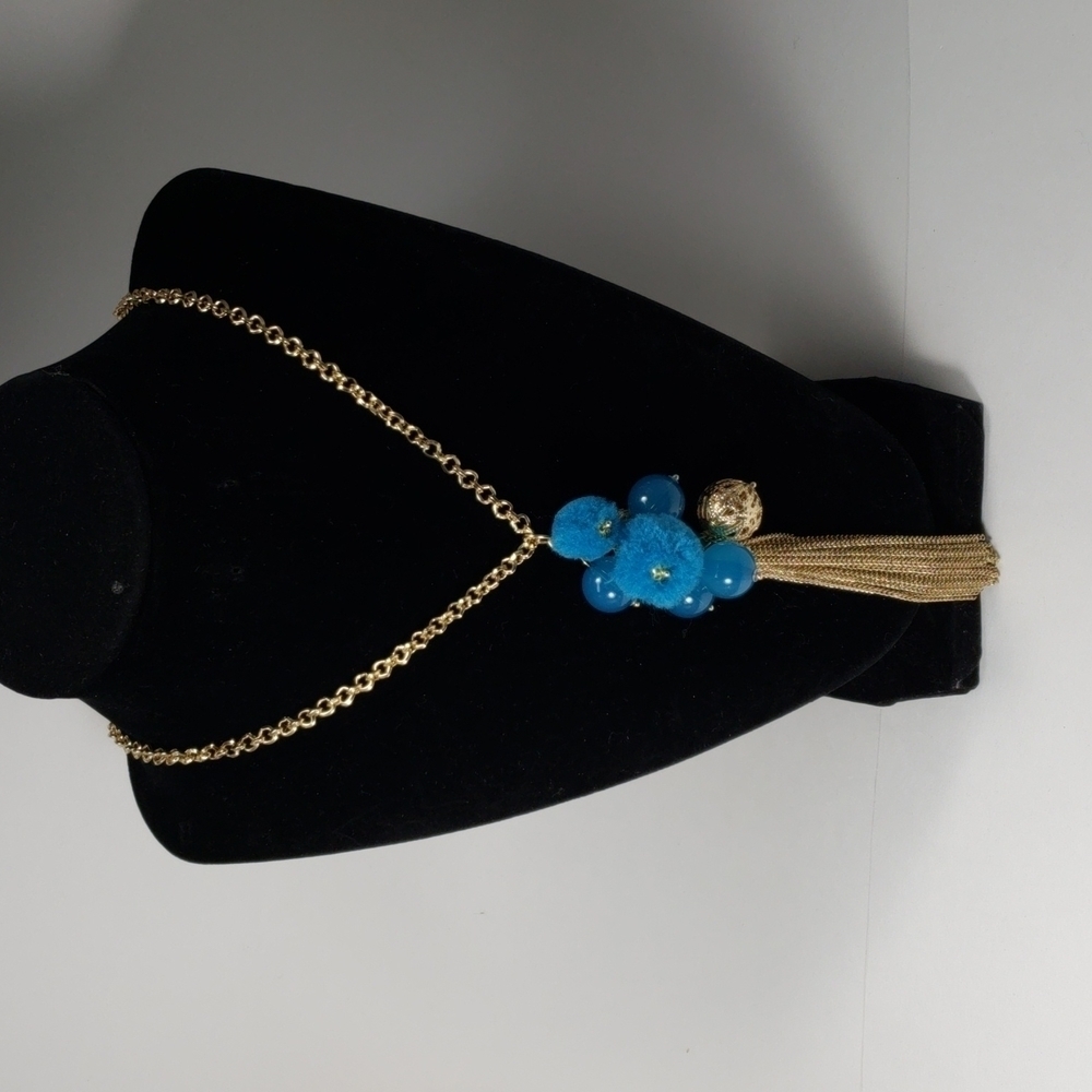 Gold Long Tassel Necklace – Women’s Jewelry with Blue Beads, Charms & Pom-Pom